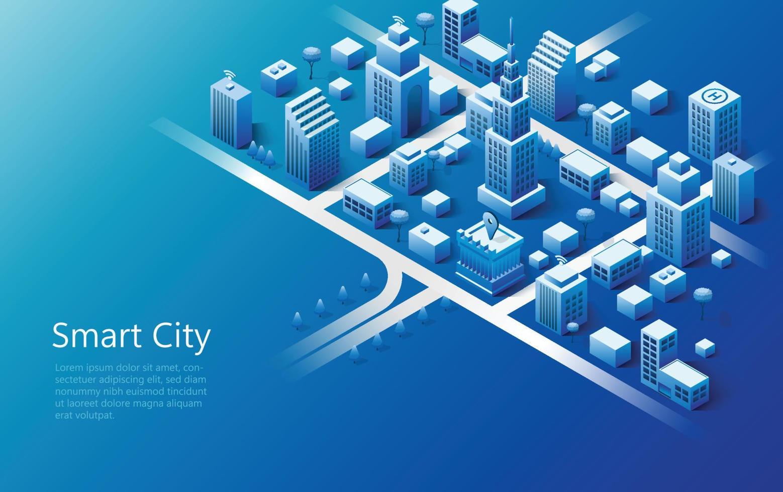 isometrico inteligente città design concetto. attività commerciale centro con grattacieli e intelligente edifici. vettore