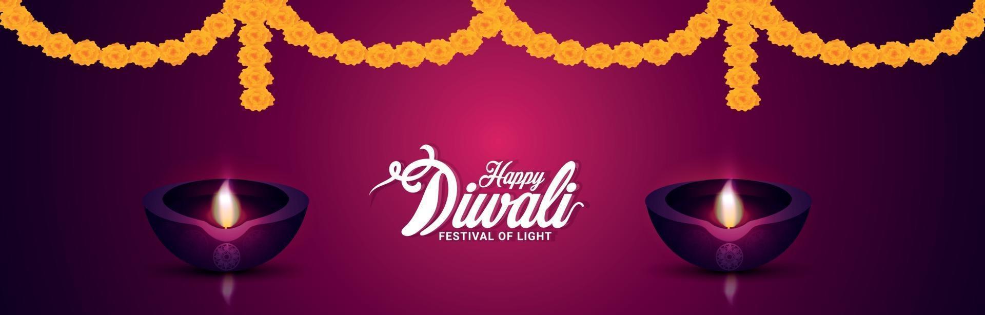 banner di invito felice diwali con ghirlanda di fiori vettore