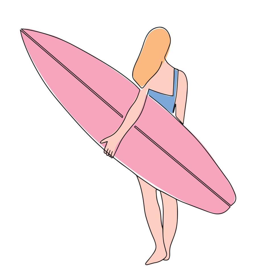 continuo linea disegno di un' surfer ragazza con un' tavola da surf, uno linea disegno di un' surfer ragazza. vettore illustrazione