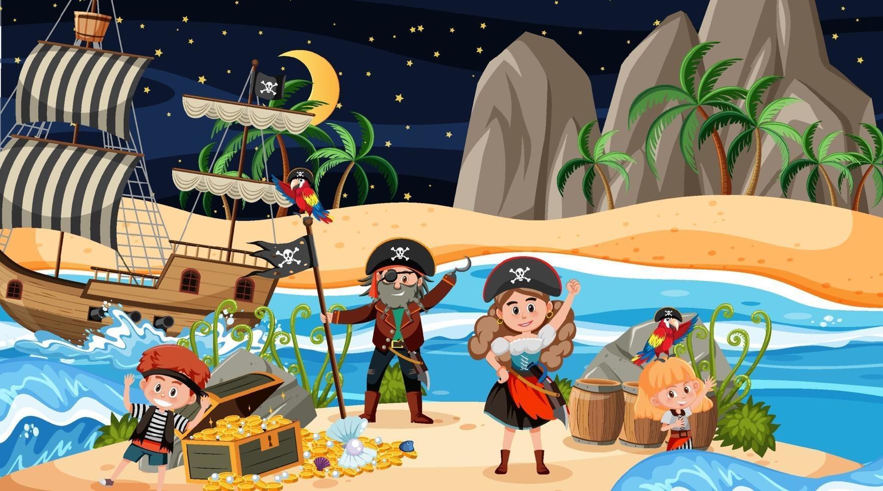 scena dell'isola del tesoro di notte con bambini pirata sulla nave vettore