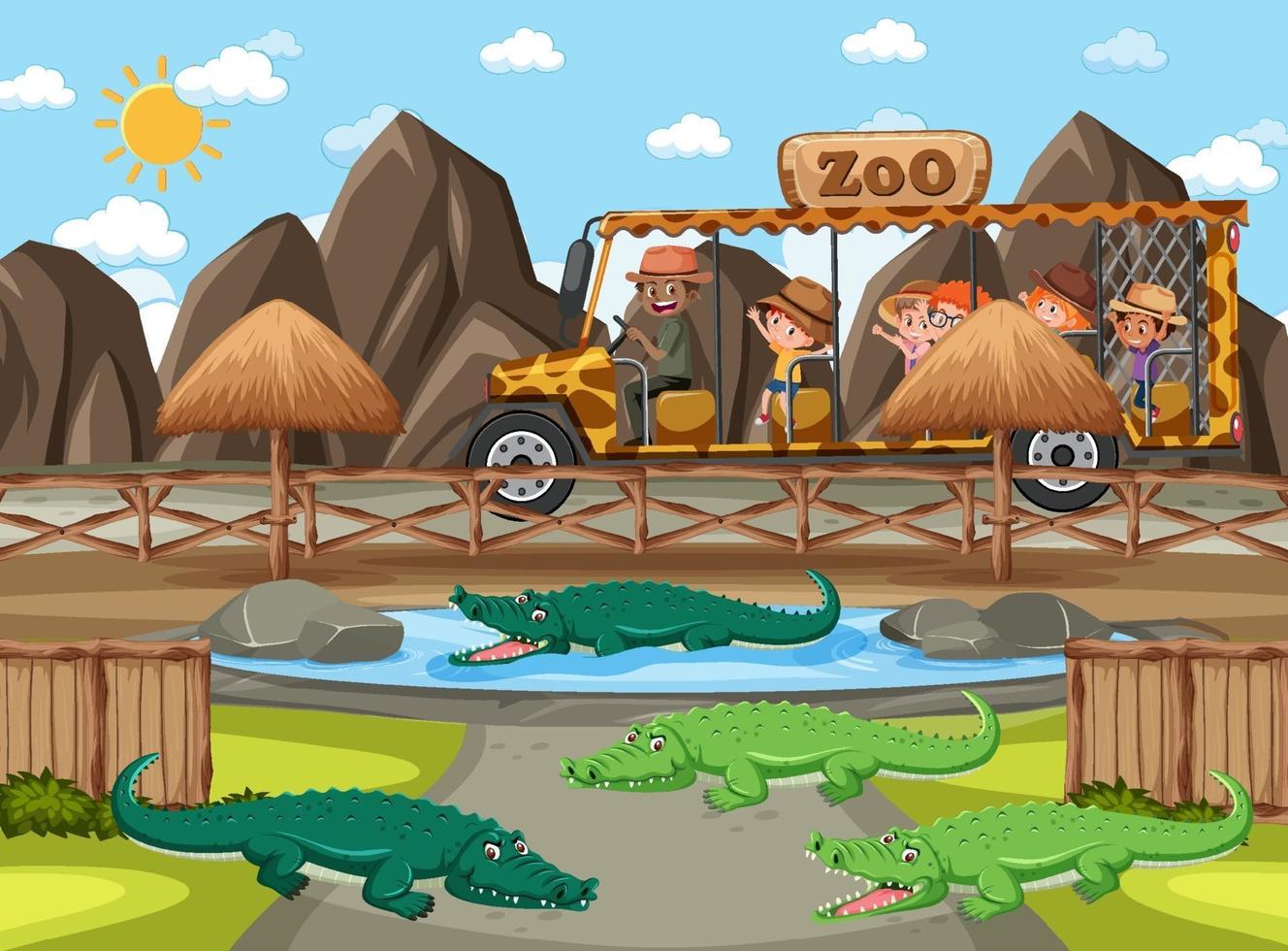 bambini in automobile turistica guardando il gruppo di alligatori nella scena dello zoo vettore