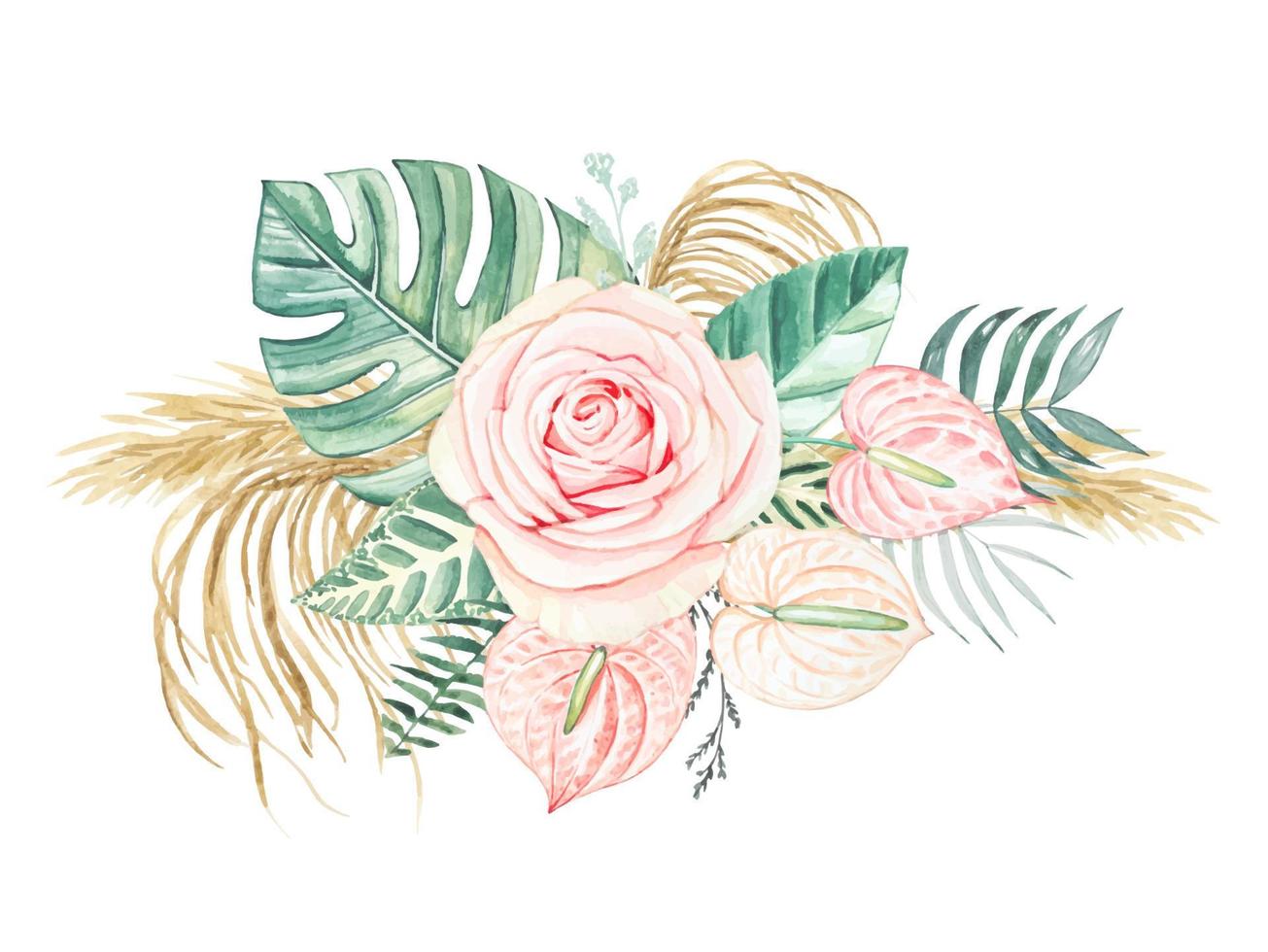 anthurium fiori, rosa, tropicale le foglie ,secco fiori. mano disegnato acquerello tropicale mazzo vettore