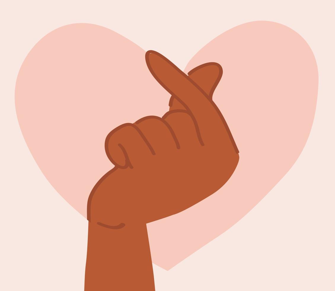 illustrazione di un africano americano mano fare un' mini cuore simbolo. amore cartello con indice dito e pollice incrociato. coreano gesto mostrando amore e rispetto. santo San Valentino giorno, antirazzismo concetto. vettore