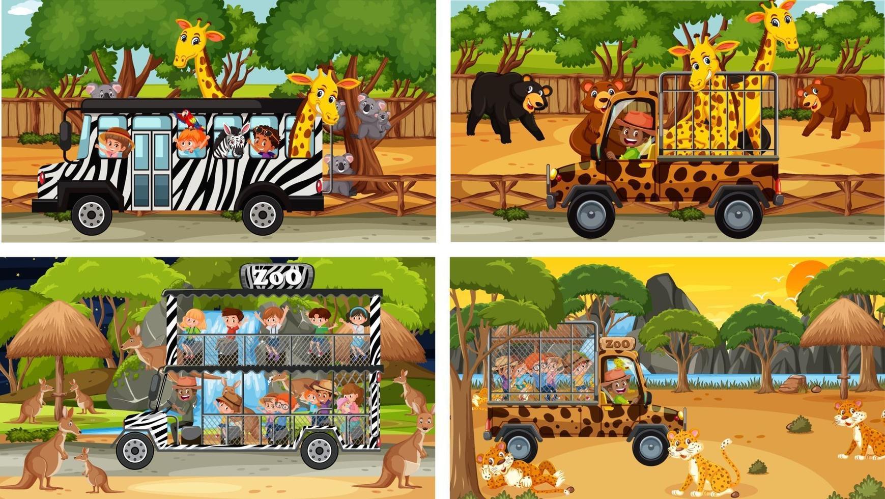 set di diverse scene di safari con animali e personaggi dei cartoni animati per bambini vettore