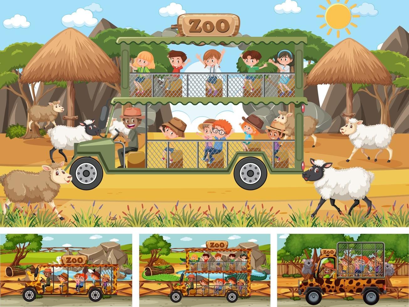 diverse scene di safari con animali e personaggi dei cartoni animati per bambini vettore