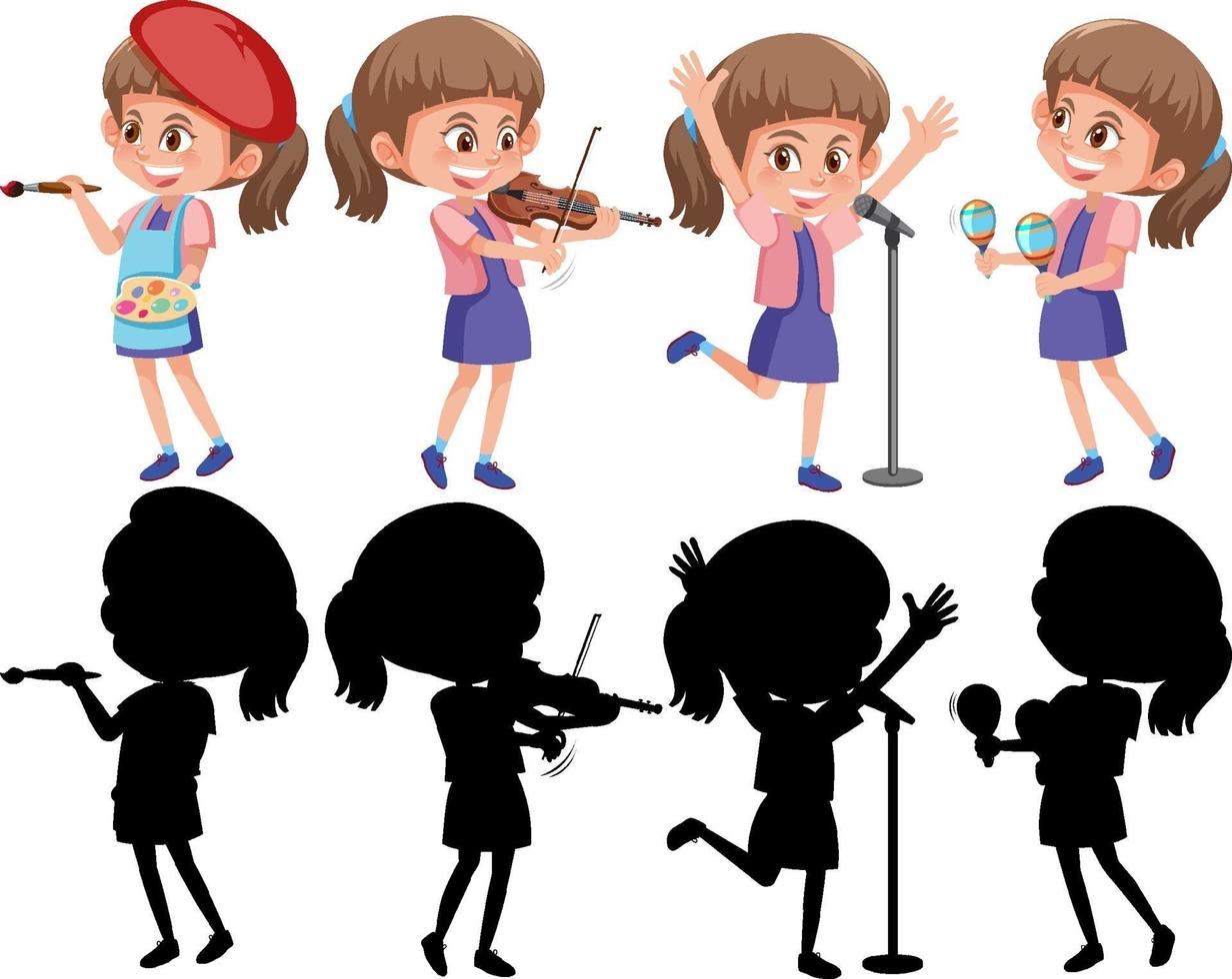 set di un personaggio dei cartoni animati di ragazza che fa diverse attività con la sua silhouette vettore