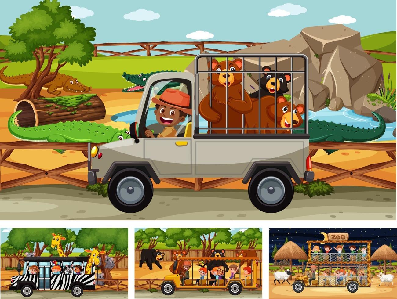 diverse scene di safari con animali e personaggi dei cartoni animati per bambini vettore