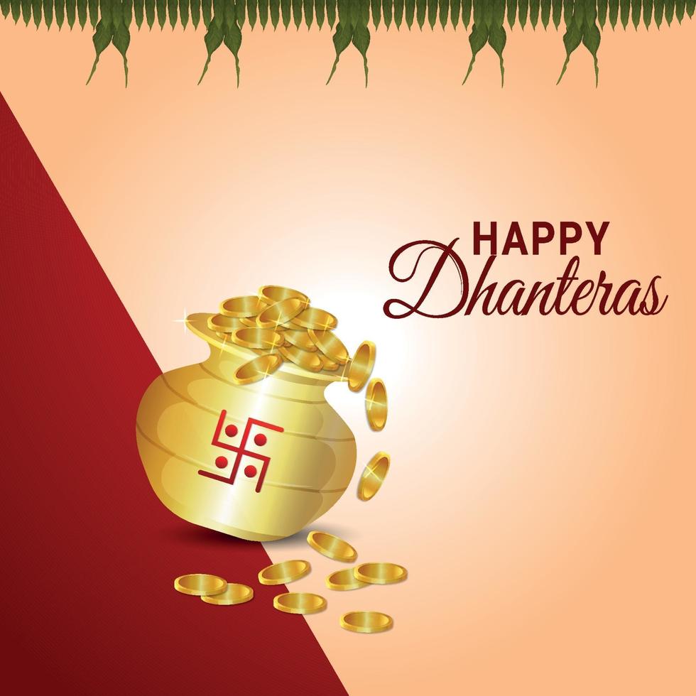 felice dhanteras celebrazione biglietto di auguri con creativo pentola moneta d'oro e diwali diya vettore