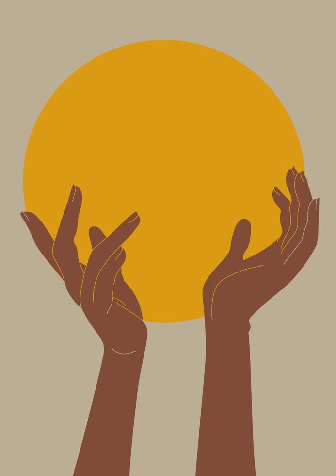 retrò sole con mano mistico manifesto illustrazione. tarocco carta minimalista vettore illustrazione. estetico luce del sole e mezzanotte Stampa boemo opera d'arte, vettore