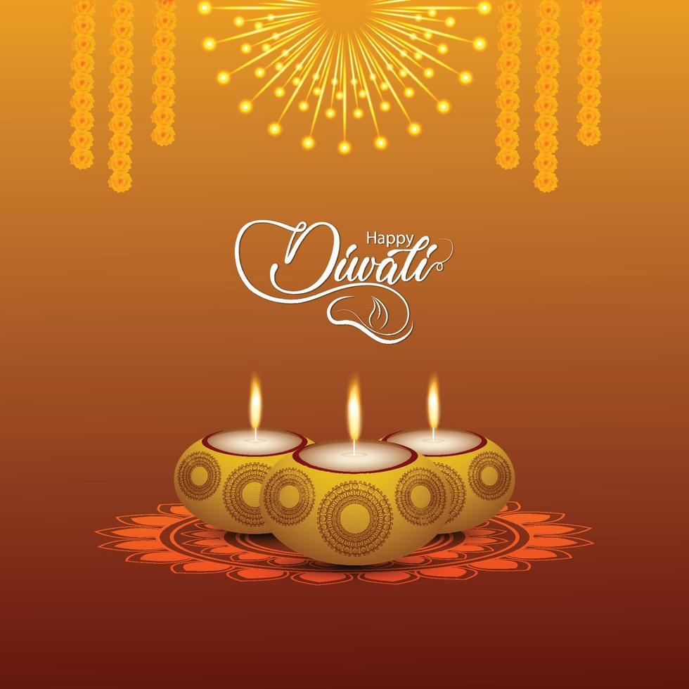 felice festival delle luci di diwali con diya creativo e ganesha dorato vettore