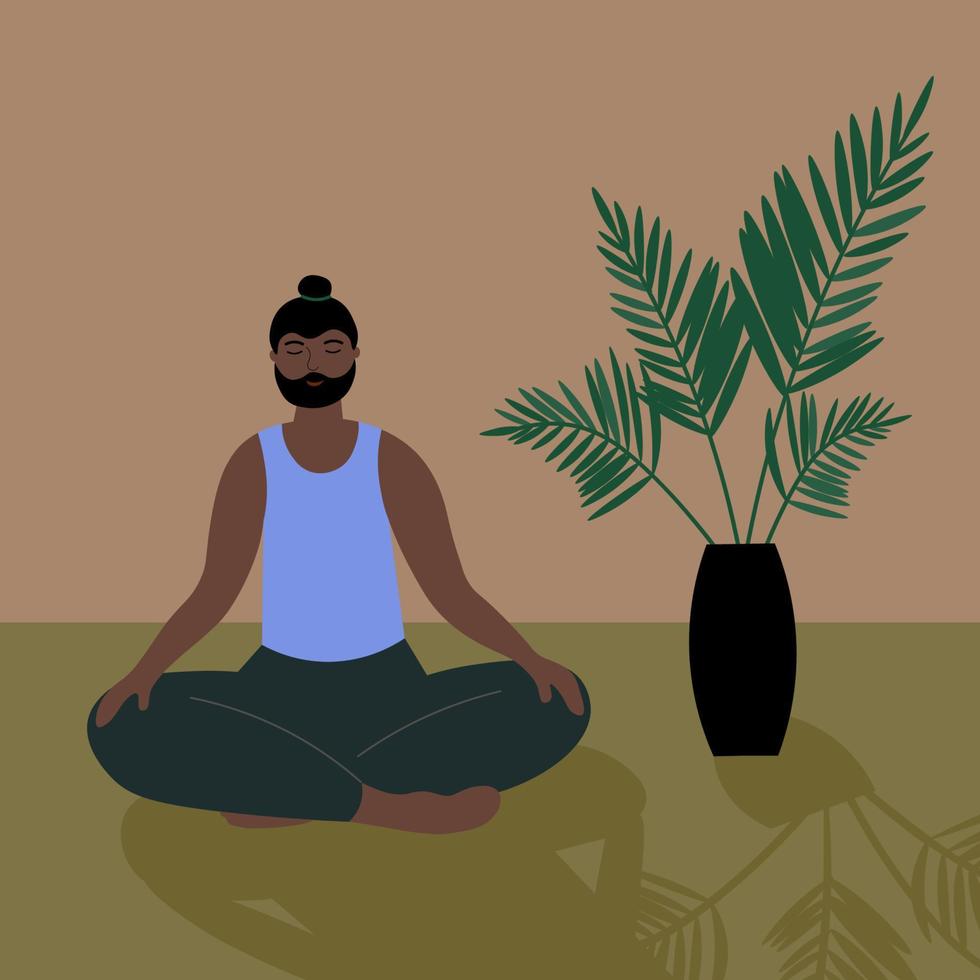 un' uomo fa yoga, medita nel un' camera con un' pianta della casa. un' calma personaggio si siede su un' rustico pavimento. un' persona è impegnato nel esercizi nel armonia con lui stesso, calma, gode. cartone animato vettore illustrazione