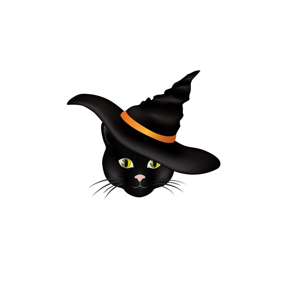 gatto in un cappello da strega. gatto nero che guarda l'obbiettivo in abito di halloween. divertente cartone animato animale vacanza in cappello nero per biglietto di auguri vettore