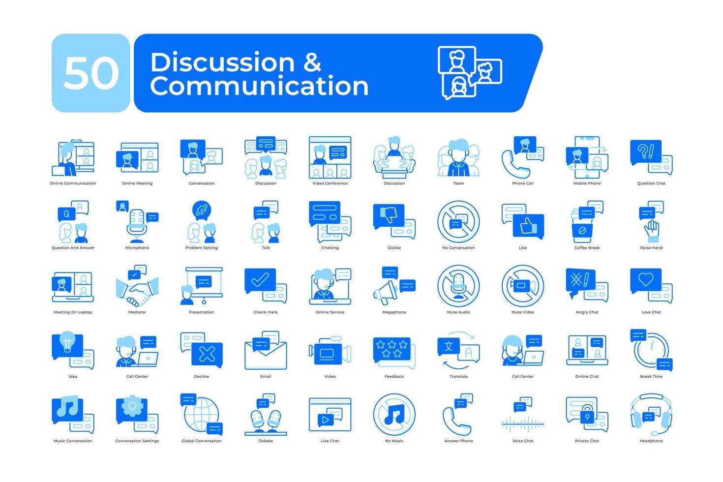 discussione e comunicazione icone pacchetto. blu colore stile. pulito e semplice vettore icone