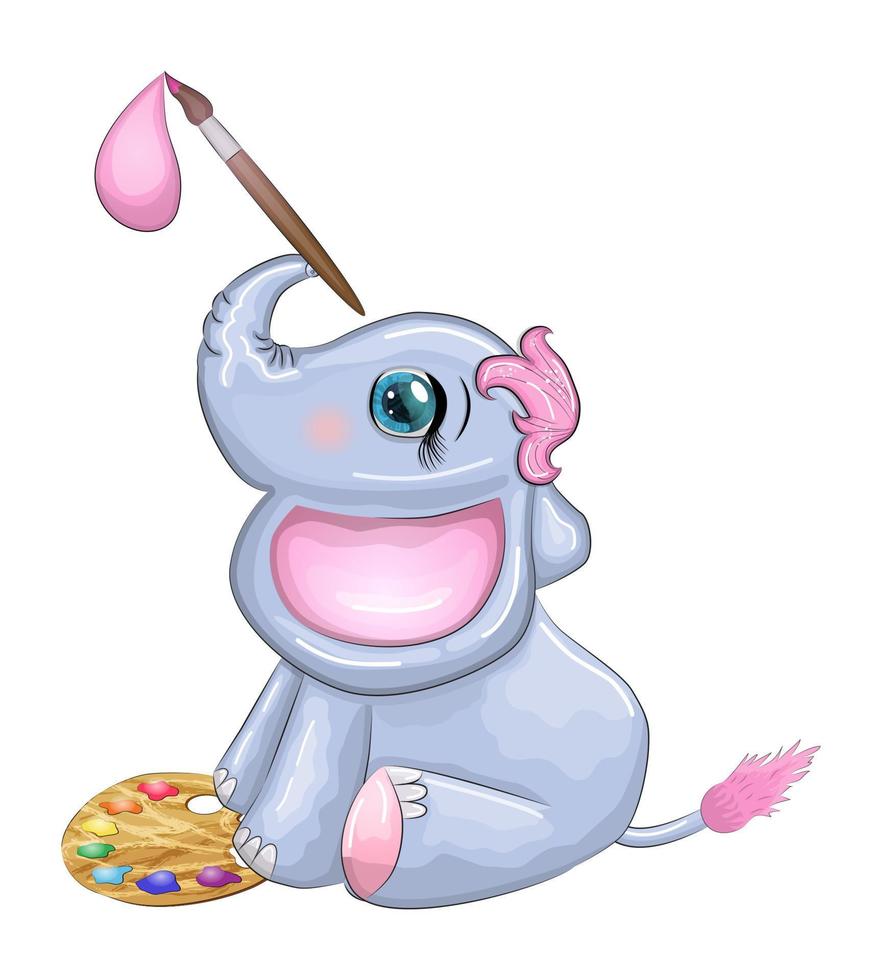 carino cartone animato elefante, bambino personaggio con bellissimo occhi con vernici e spazzola, artista vettore