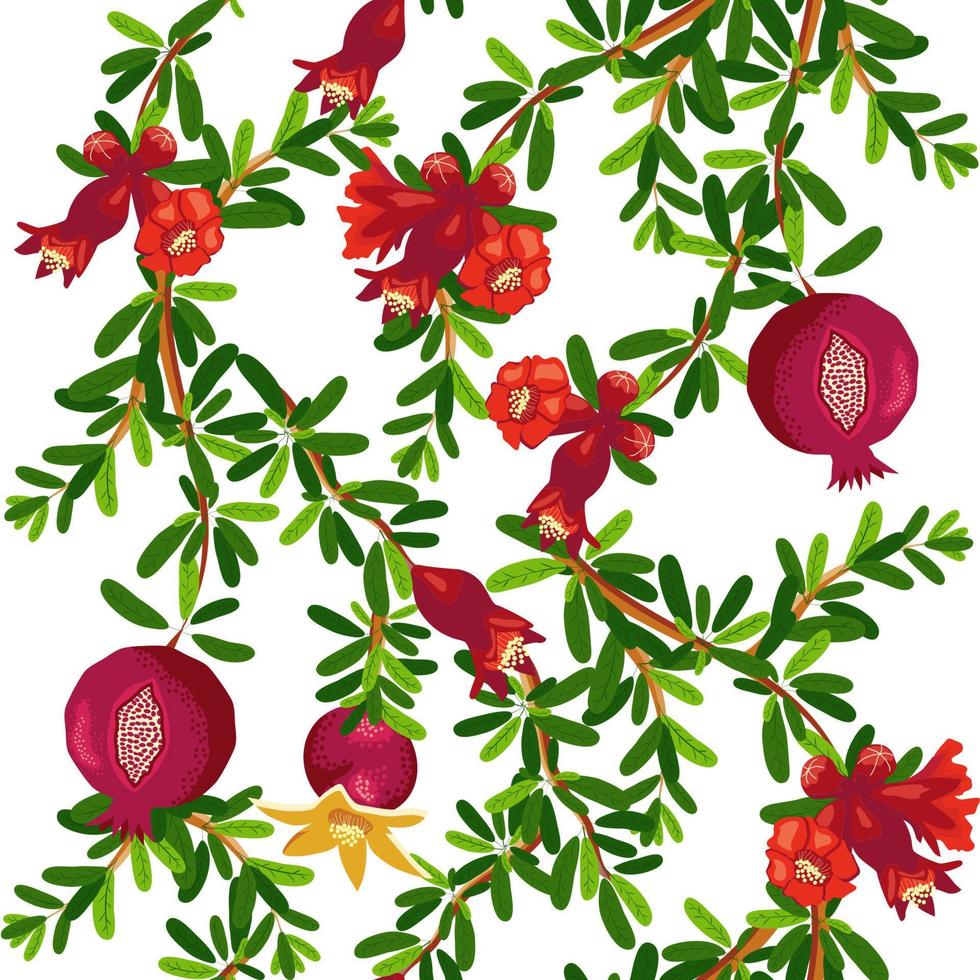 Melograno rami con frutta e fiori senza soluzione di continuità modello. luminosa le foglie e frutta. ebraico nuovo anno vettore