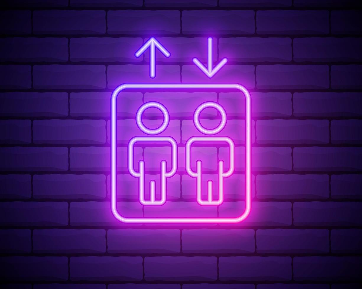 icona dell'ascensore. elementi di hotel in icone in stile neon. icona semplice per siti Web, web design, app mobile, infografiche isolato su muro di mattoni vettore
