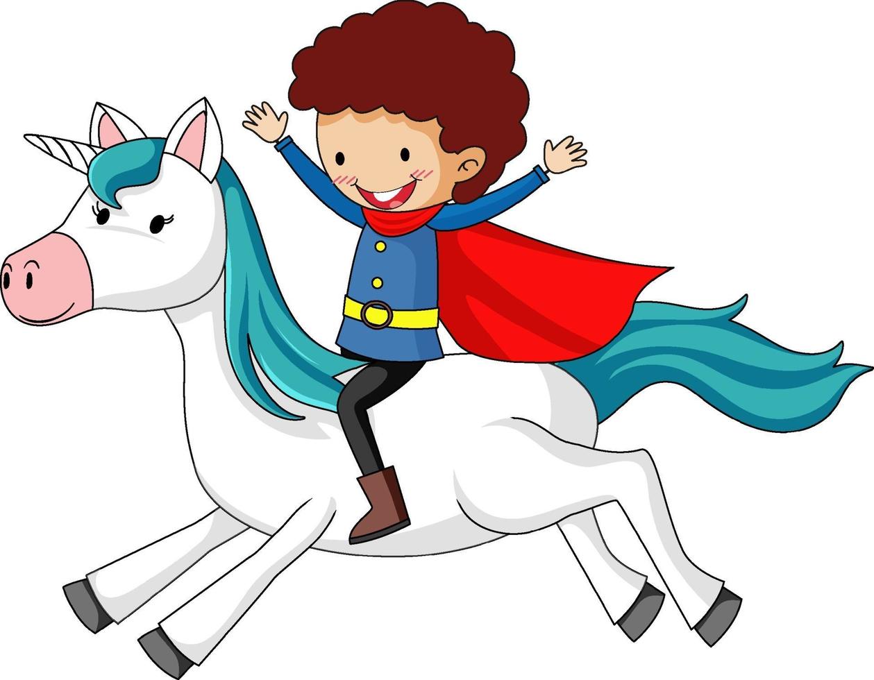 personaggio dei cartoni animati semplice di un principe che cavalca un unicorno isolato vettore