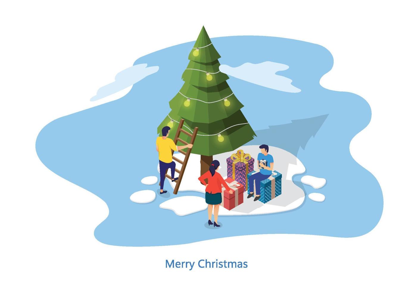 decorazione Natale albero cartone animato stile. Natale i regali decorazioni e ghirlande. allegro Natale e contento nuovo anno concetto. piatto isometrico vettore illustrazione.