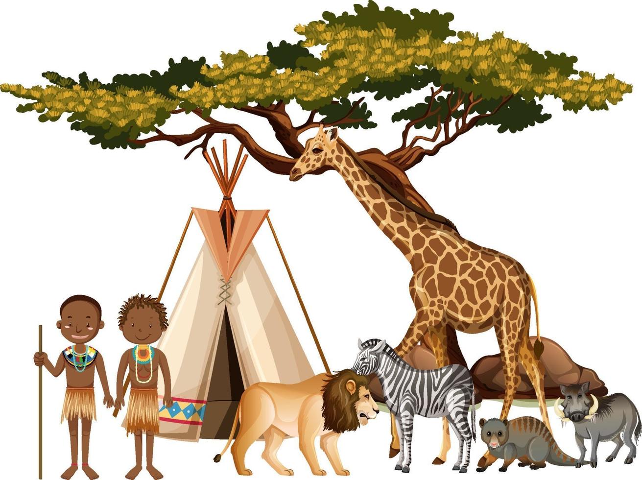 tribù africana con un gruppo di animali selvatici africani su sfondo bianco vettore