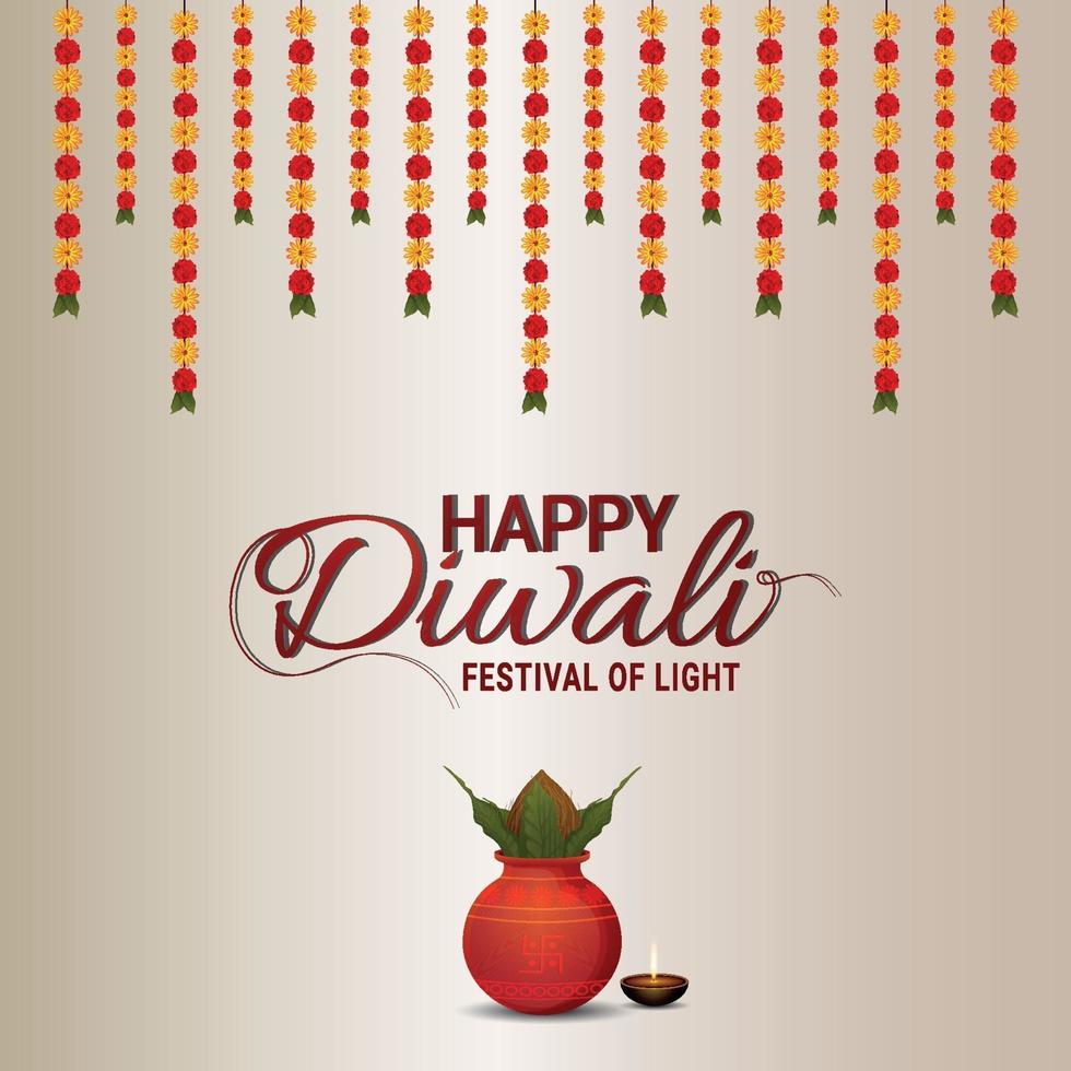 felice diwali celebrazione biglietto di auguri con kalash creativo e fiori di ghirlanda vettore