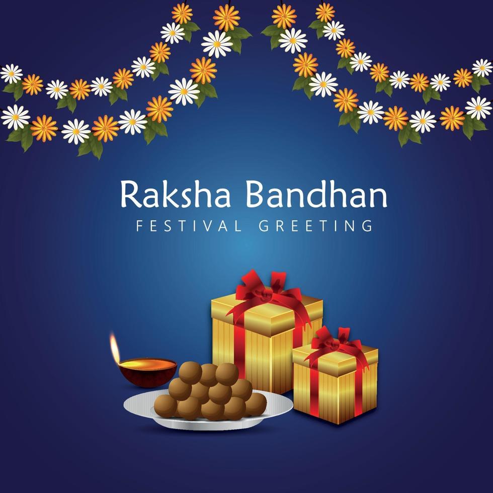 biglietto di auguri celebrazione felice raksha bandhan festival indiano con illustrazione vettoriale di rakhi e regali