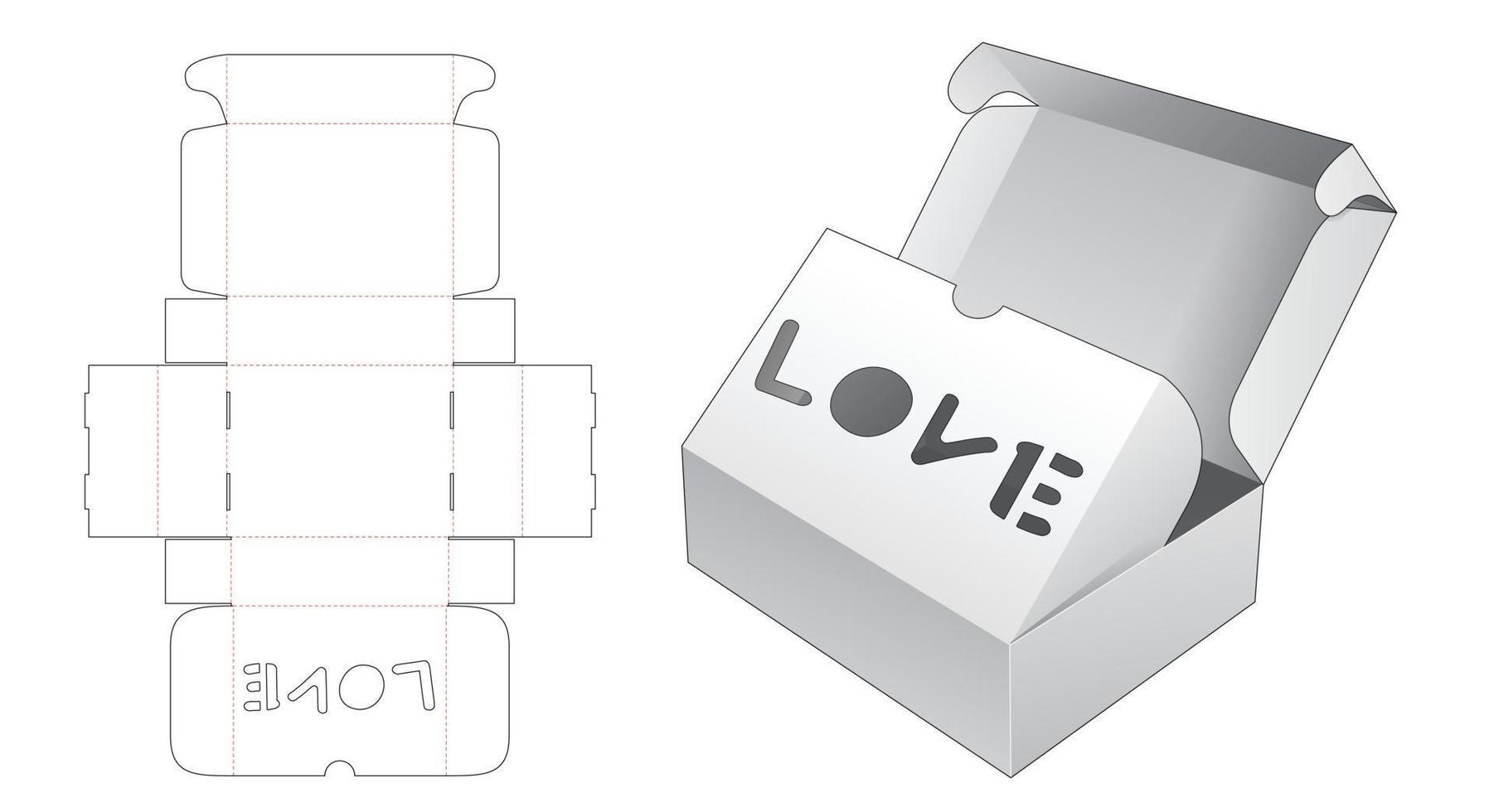 scatola a due ribaltine con modello fustellato a forma di finestra a forma di parola d'amore vettore