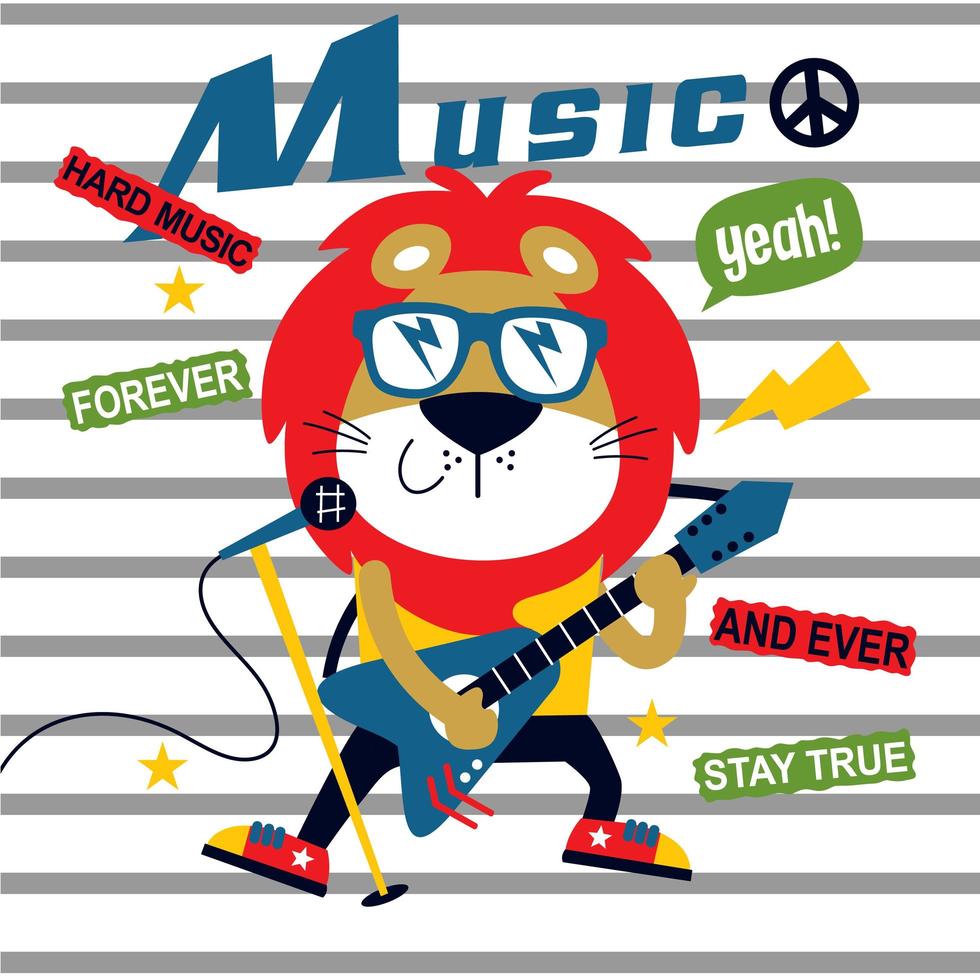 festival musicale, leone il simpatico cartone animato chitarrista, illustrazione vettoriale