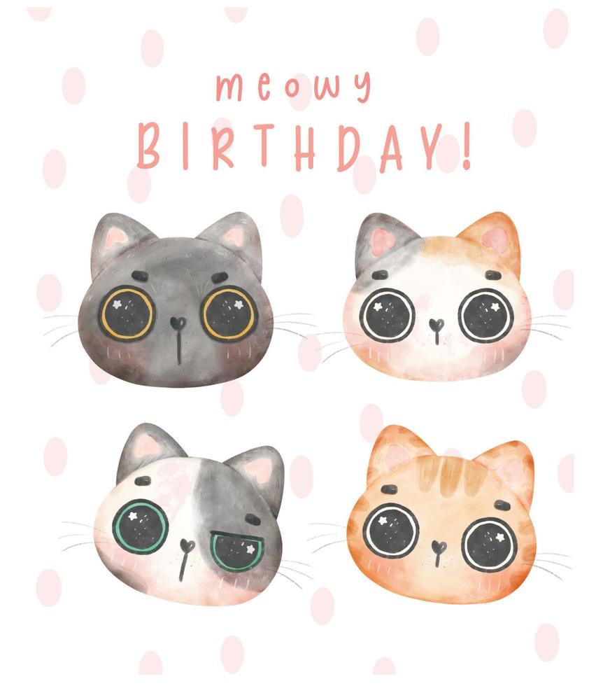 gruppo di adorabile gattino gatti testa nel diverso razze miagolante compleanno acquerello illustrazione saluto carta vettore