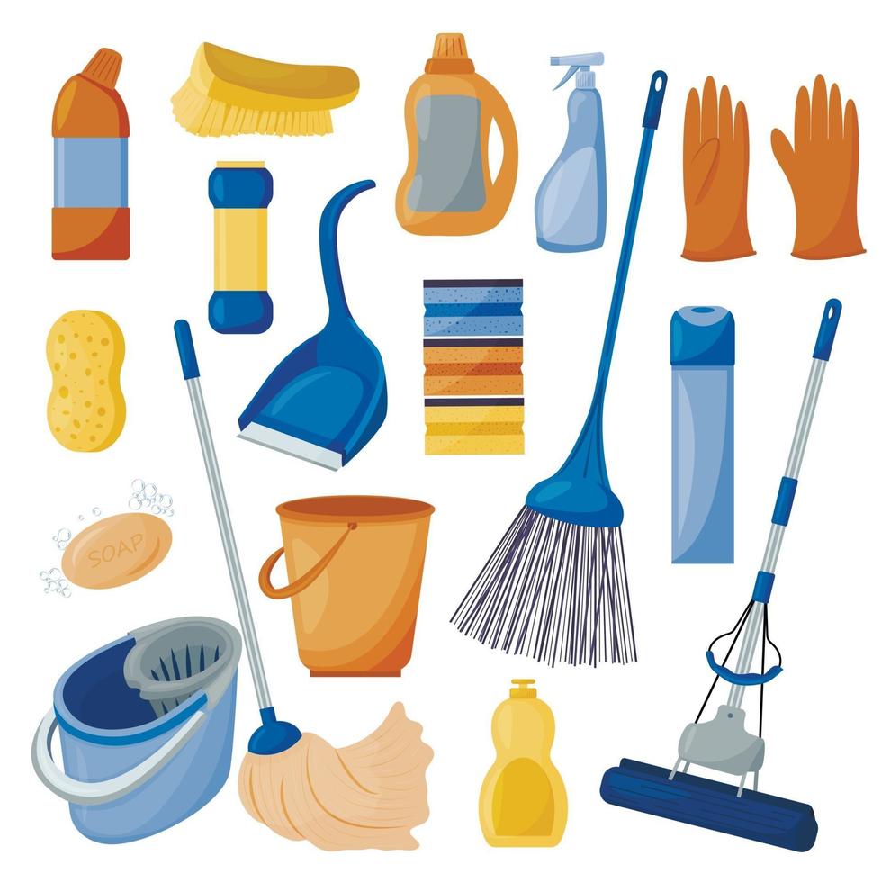 pulizia. un set di strumenti per la pulizia della casa, isolato su uno sfondo bianco. detergenti e disinfettanti, mop, secchi, spazzola e scopa. illustrazione vettoriale