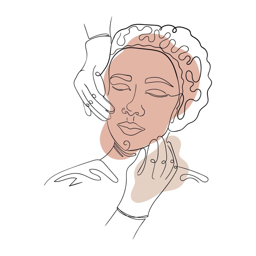 vettore illustrazione concetto di cosmetico procedure o facciale massaggio. lineare disegno di femmina viso boho stile, macchie nel beige toni