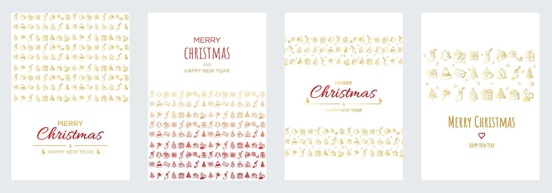 allegro Natale e contento nuovo anno manifesti o saluto carte design con mano disegnato scarabocchi elementi, cartolina collezione vettore illustrazione. natale banner con oro e rosso pendenza.