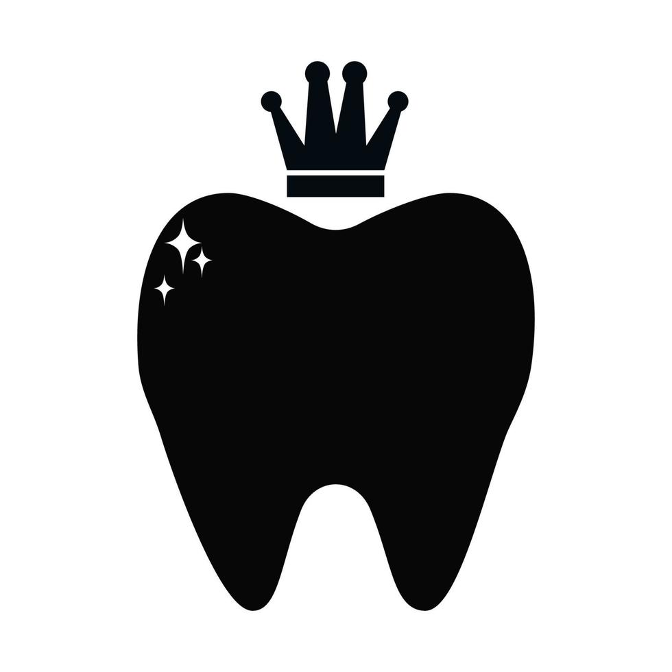 creativo dente nel nero colore con corona isolato su bianca sfondo. odontoiatria logo, simbolo, icona design. vettore illustrazione