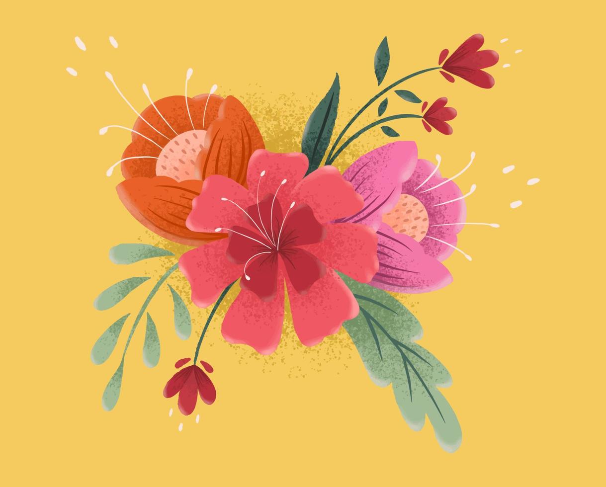 colorato fiori mazzo composizione. floreale illustrazione, foglia e mini cuffie. botanico composizione per nozze o saluto carta. ramo di fiori selvatici vettore