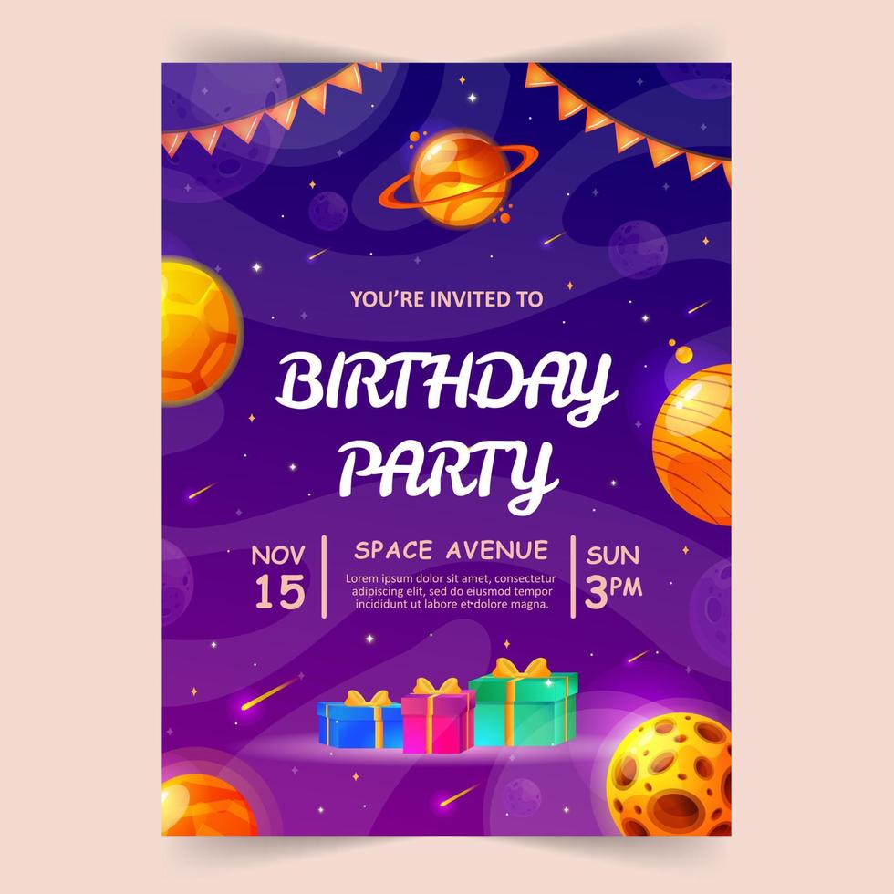 biglietto d'invito per feste di compleanno per bambini con simpatici pianetini. sfondo di spazio, universo e cielo. illustrazione vettoriale. vettore