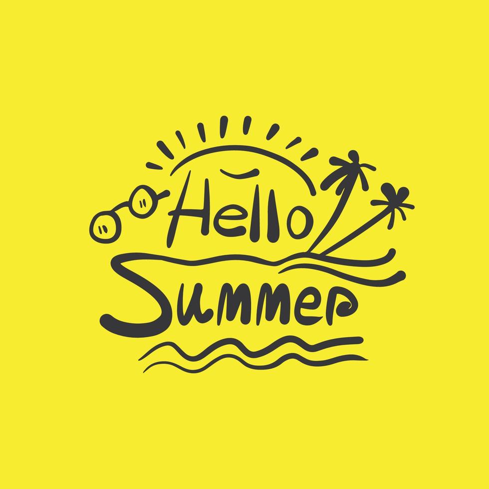 Ciao estate manoscritto lettering per t camicia, viaggiare, spiaggia. Ciao estate vettore illustrazione con sole bicchiere, prugna albero.