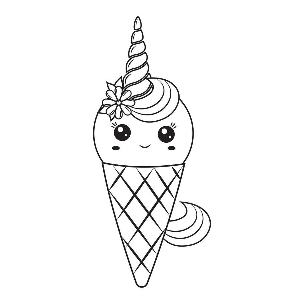 kawaii unicorno ghiaccio crema dolce nel un' cialda tazza, nero schema, vettore illustrazione nel scarabocchio stile.