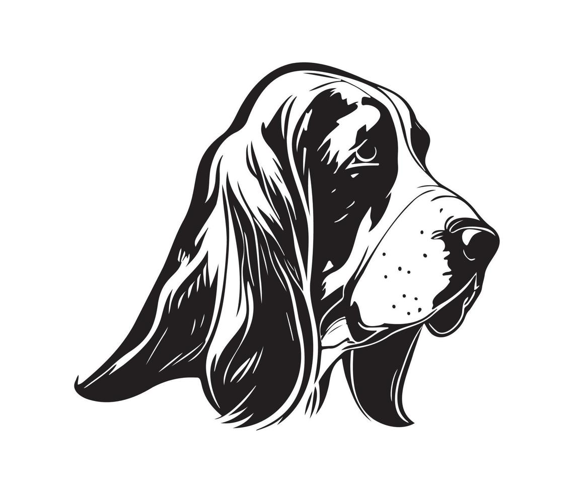 bassetto cane da caccia viso, sagome cane viso, nero e bianca bassetto cane da caccia vettore