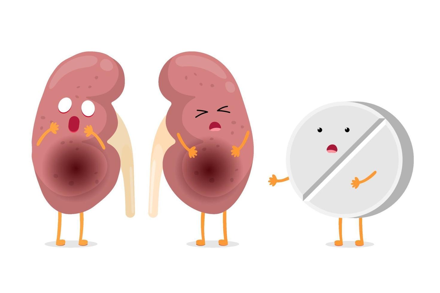 triste sofferenza rene malato con personaggi di compresse di farmaci. anatomia umana sistema genito-urinario interno malsano organo con tavoletta. illustrazione isolata del fumetto di vettore