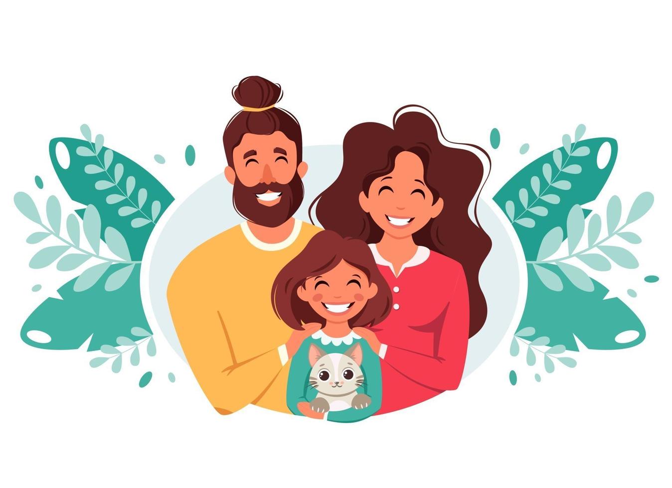 famiglia felice con figlia e gatto. giornata internazionale delle famiglie. illustrazione vettoriale