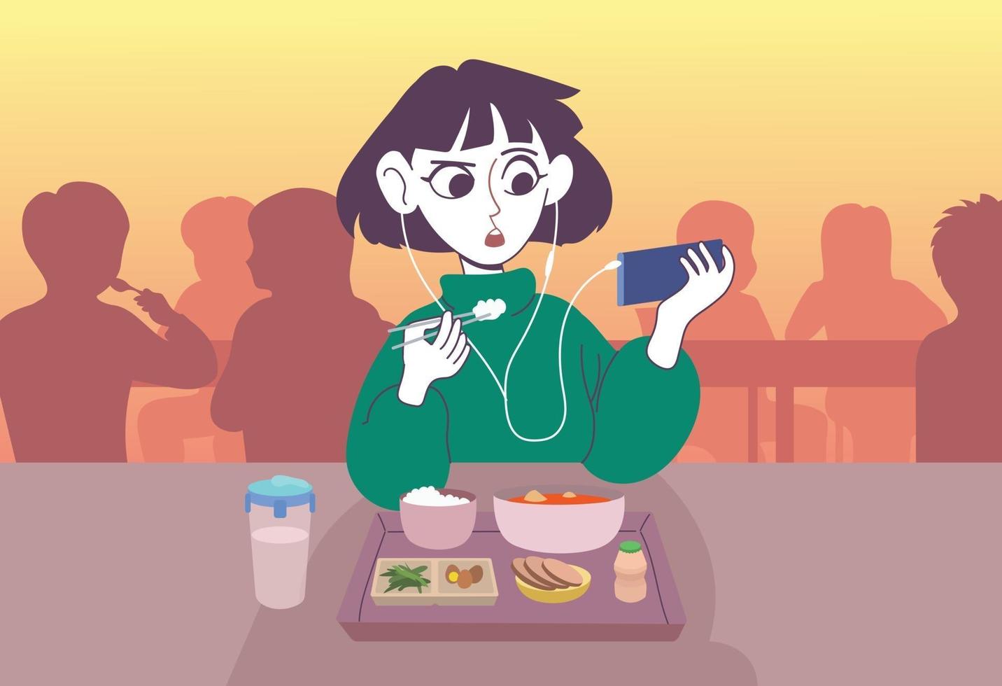 una donna che mangia un pasto con gli auricolari. illustrazioni di disegno vettoriale stile disegnato a mano.