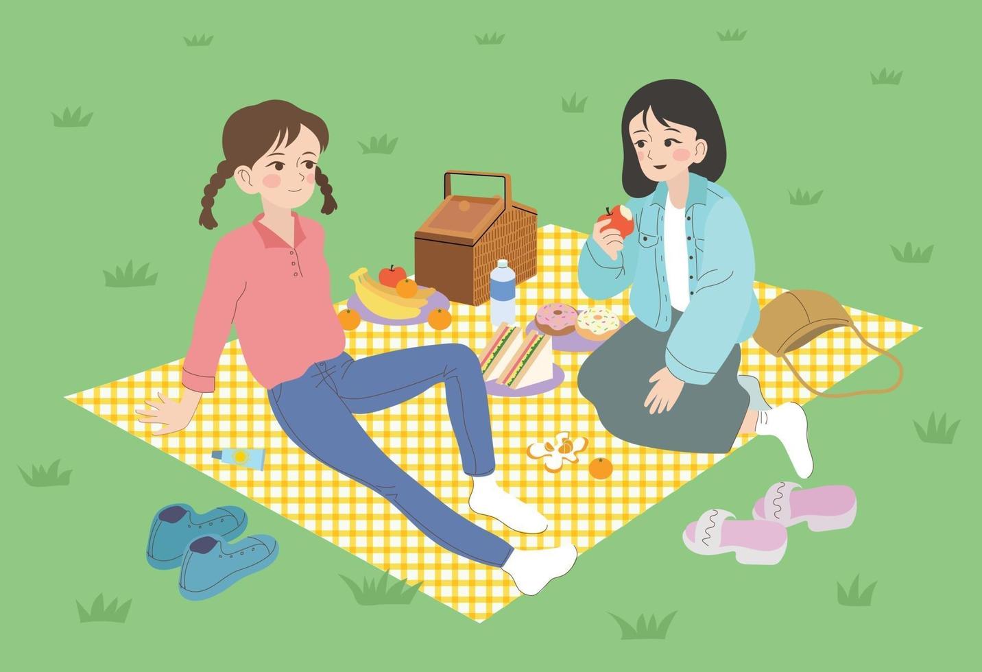 due amici stanno facendo un picnic nel parco. illustrazioni di disegno vettoriale stile disegnato a mano.