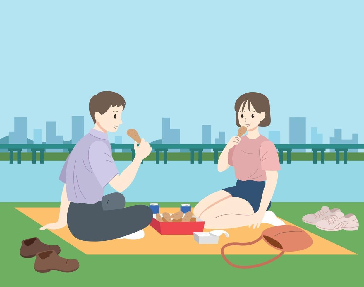 la coppia sta facendo un picnic in riva al fiume. illustrazioni di disegno vettoriale stile disegnato a mano.