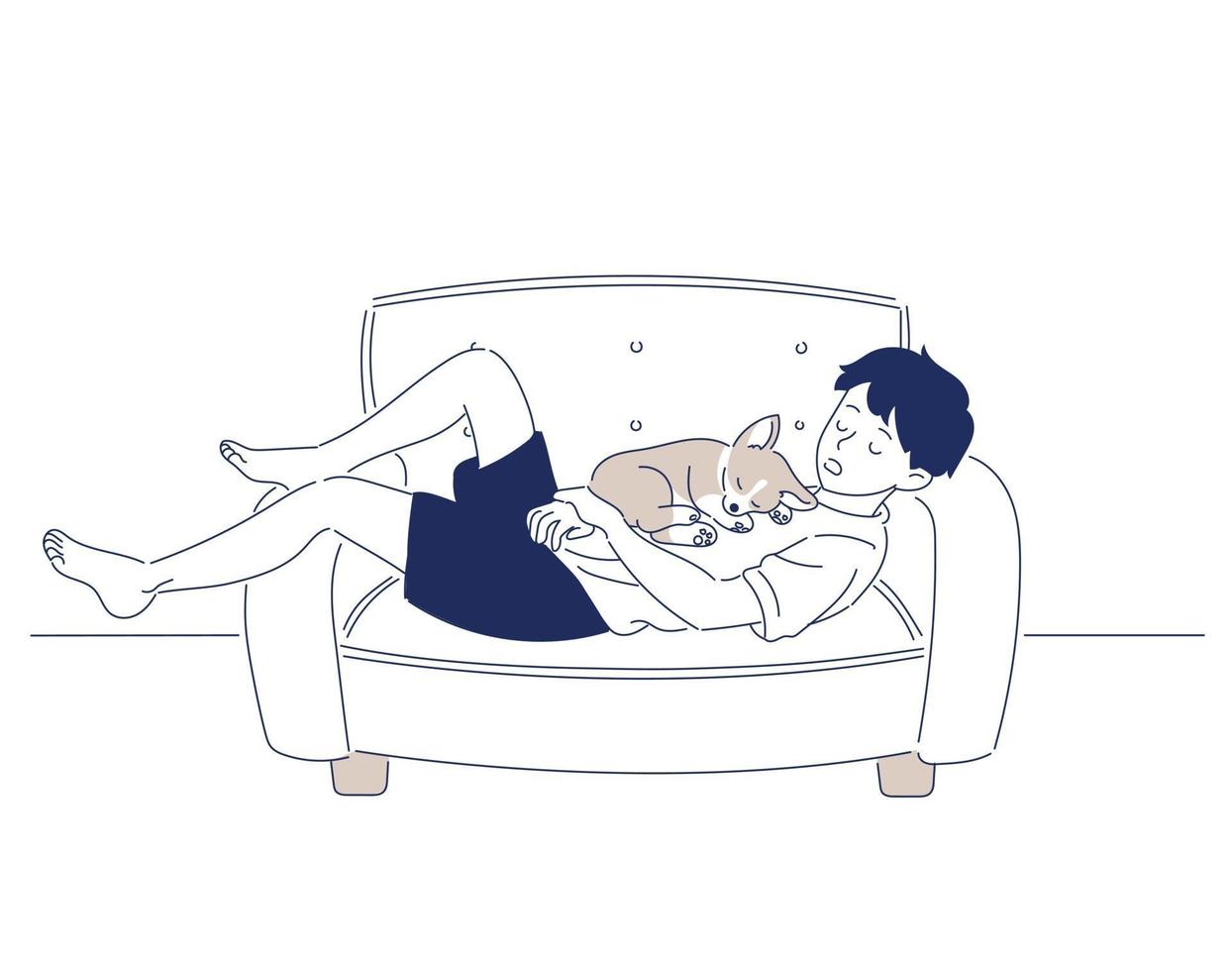 un ragazzo sta dormendo sul divano con il suo cane a pancia in giù. illustrazioni di disegno vettoriale stile disegnato a mano.