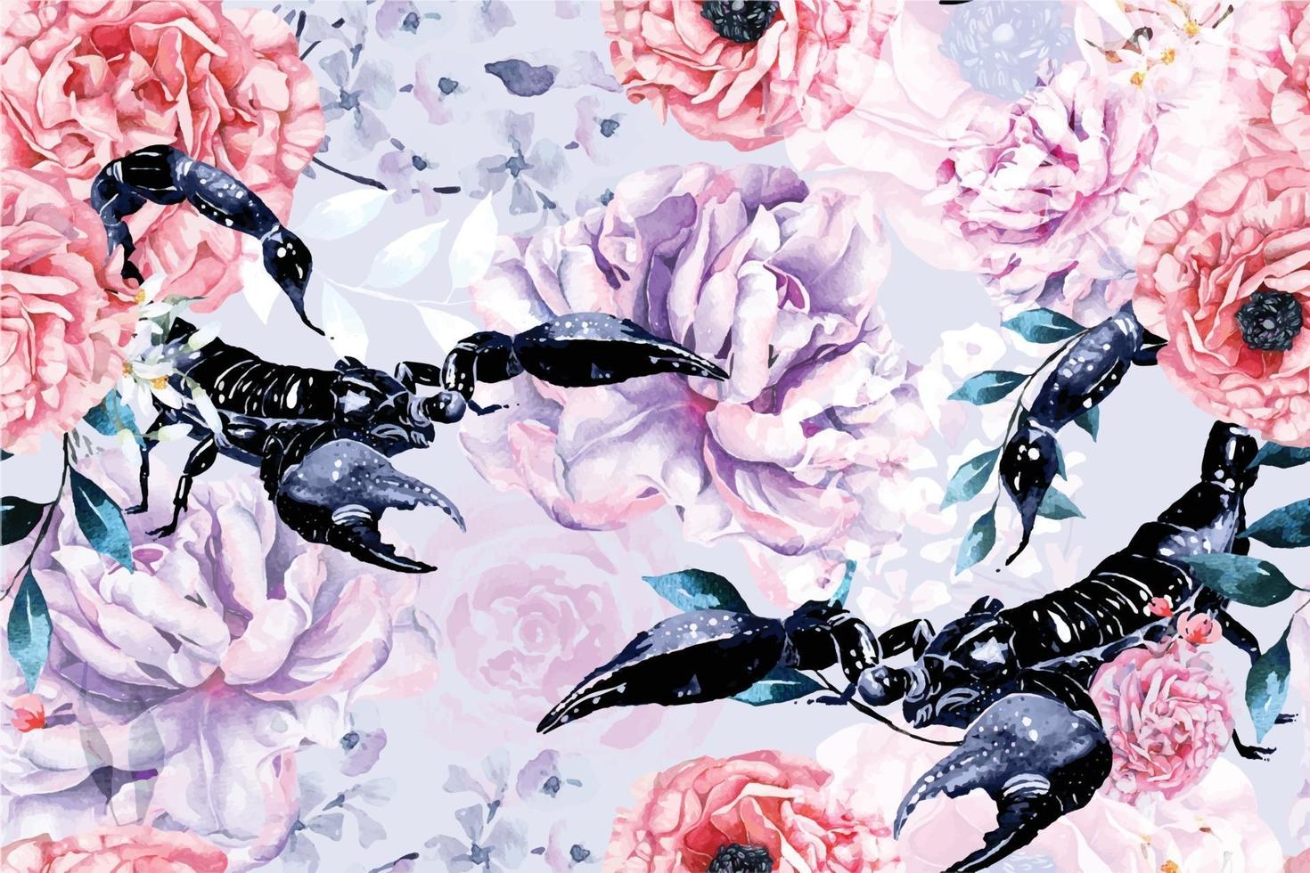 Seamless pattern di acquerelli che sbocciano fiori con scorpioni vettore