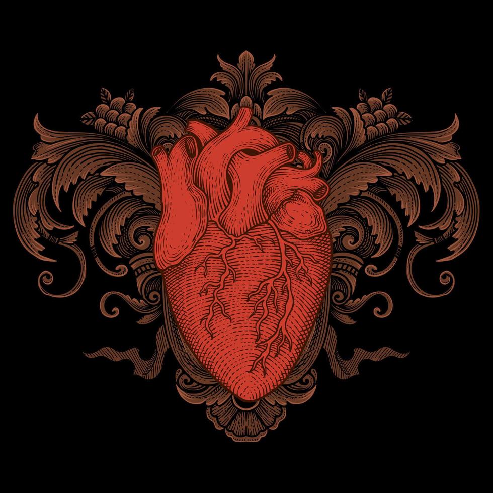 illustrazione vettore antico cuore con Vintage ▾ incisione ornamento nel indietro Perfetto per il tuo merce e t camicia