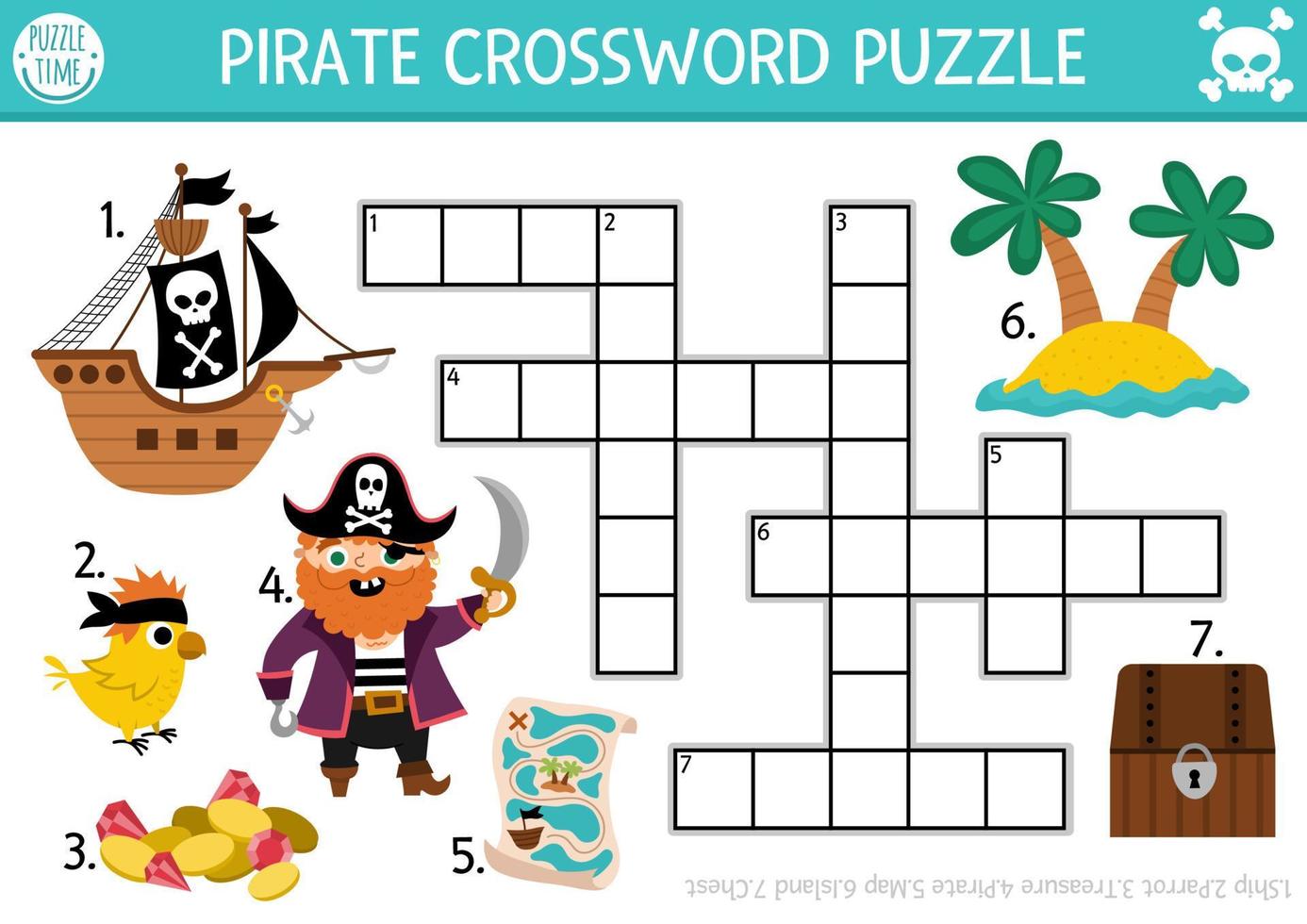 vettore pirata cruciverba puzzle per bambini. semplice Tesoro isola quiz per bambini. educativo attività con nave, pappagallo, carta geografica, il petto. carino mare avventura attraversare parola o inglese linguaggio enigma