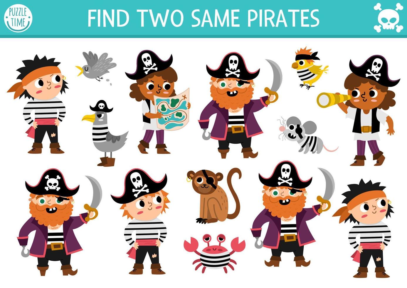 trova Due stesso pirati. Tesoro isola accoppiamento attività per bambini. mare avventure educativo quiz foglio di lavoro per bambini per Attenzione abilità. semplice stampabile gioco con carino capitani e animali vettore