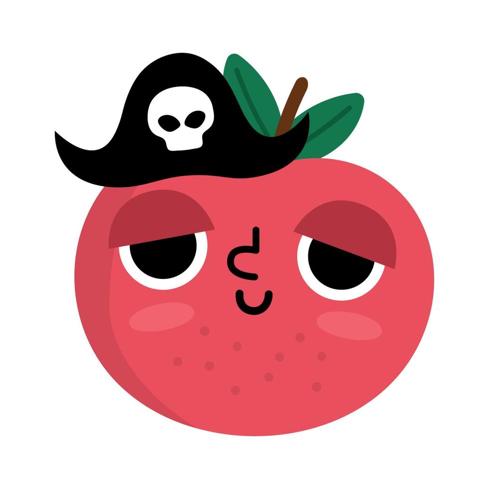 vettore divertente kawaii Mela icona. pirata frutta illustrazione. comico pianta frutta con occhi, pirata cappello e bocca isolato su bianca sfondo. salutare estate giardino cibo clipart.