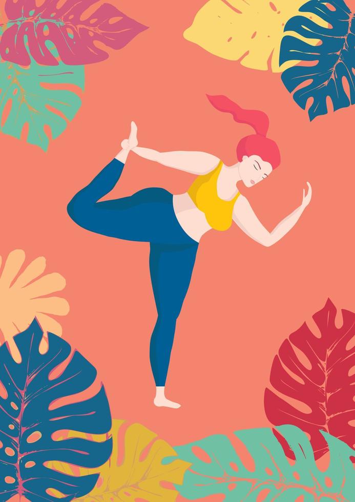 contento europeo un sovradimensionato donna nel yoga posizione su tropicale Monstera sfondo. gli sport e Salute corpo positivo concetto per cartolina, yoga classi maglietta attivo stile di vita vettore