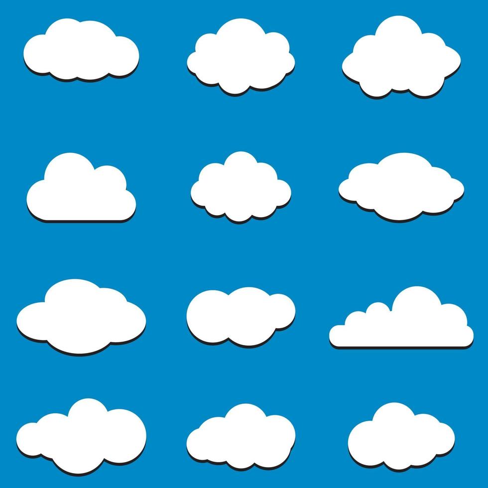 L'icona di vettore della nuvola ha impostato il colore bianco su sfondo blu. raccolta di illustrazione piatto cielo per il web. illustrazione vettoriale